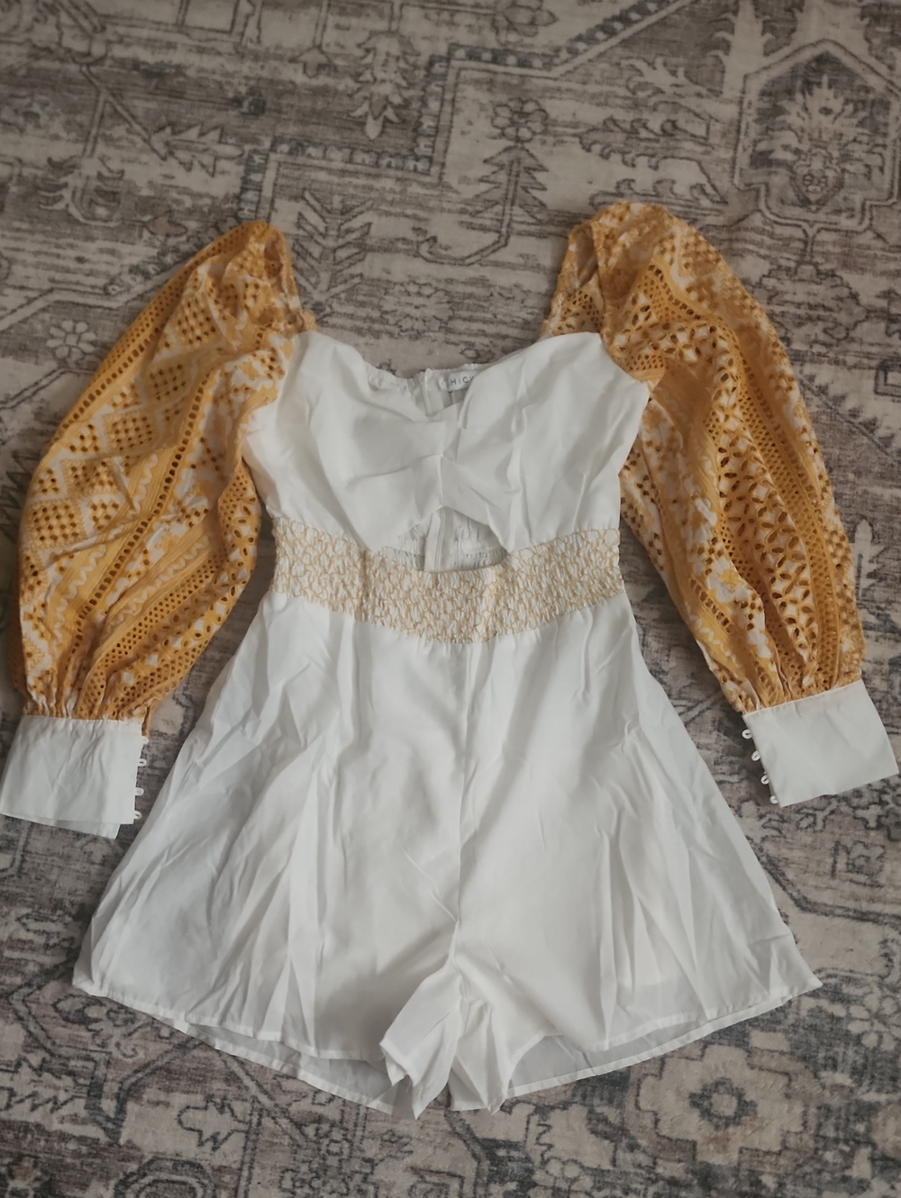 New Womens Size Large White Romper with Mustard Puff Sleeves - Top. Never Worn